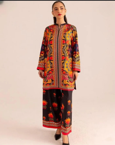 Multi Black Floral Self Printed Suit